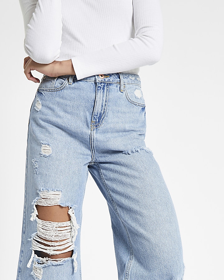 Blue Alexa wide leg cropped ripped jeans