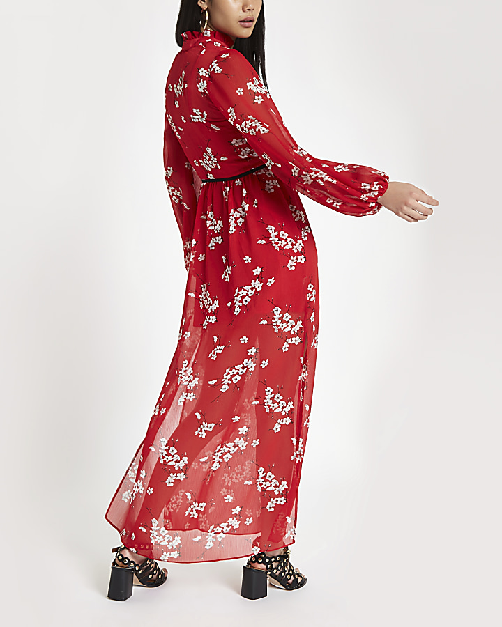 Red floral tie neck maxi dress