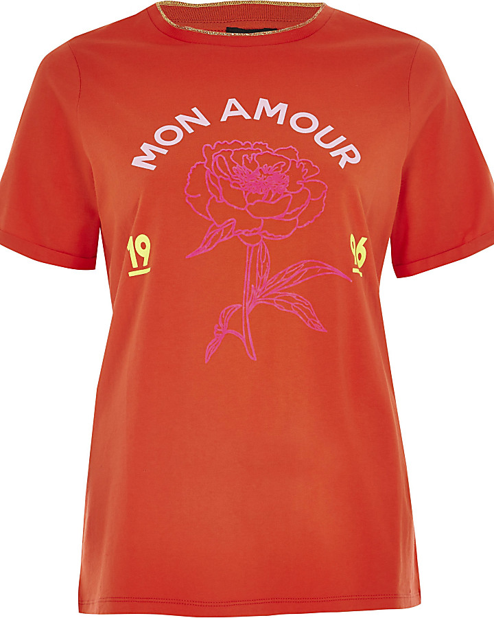 Red 'mon amour' rose flock print T-shirt