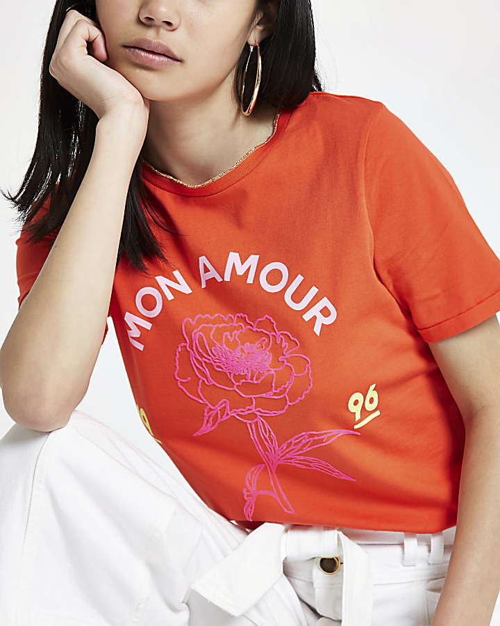 Red 'mon amour' rose flock print T-shirt