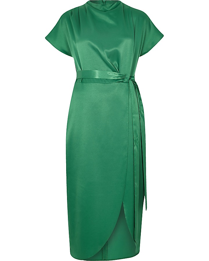 Green wrap tie side midi dress