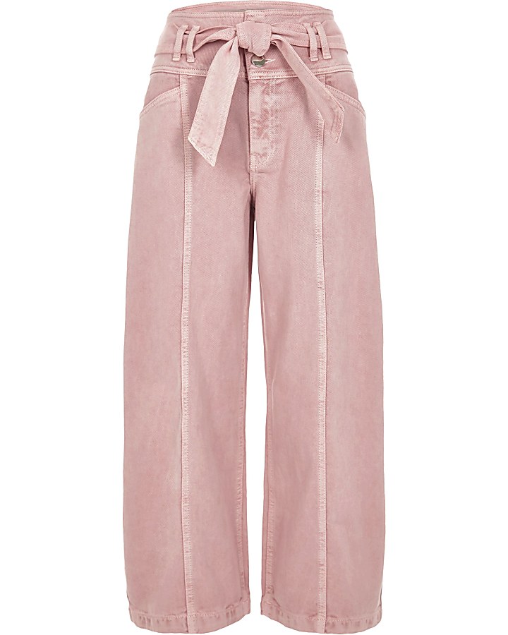 Pink belted denim culottes