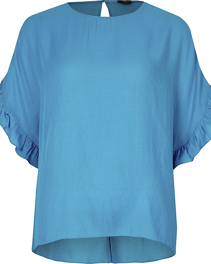 Bright blue frill sleeve T-shirt