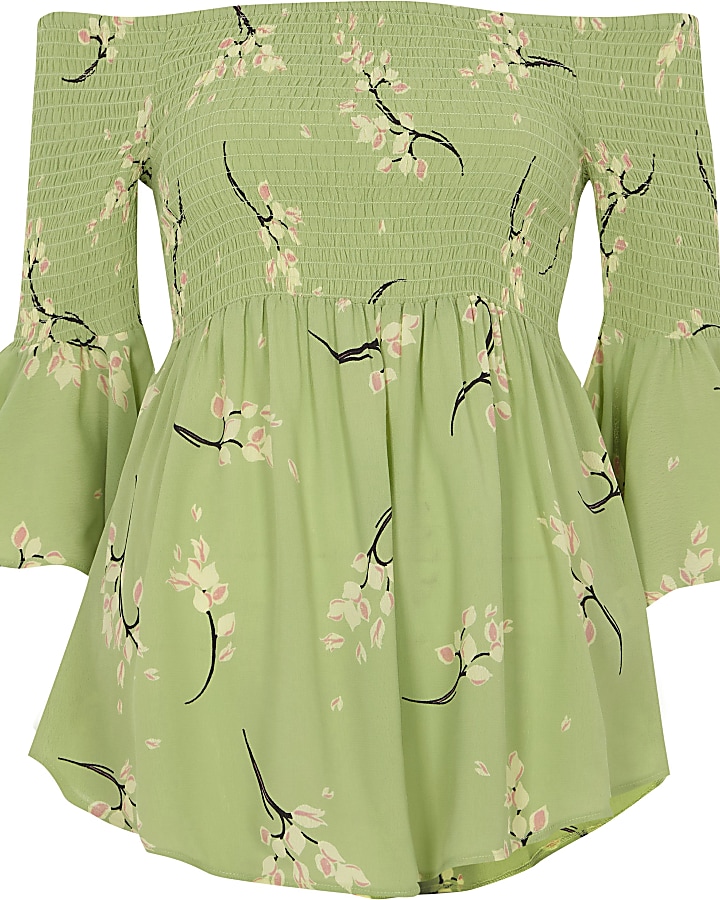 Light green floral bardot frill sleeve top