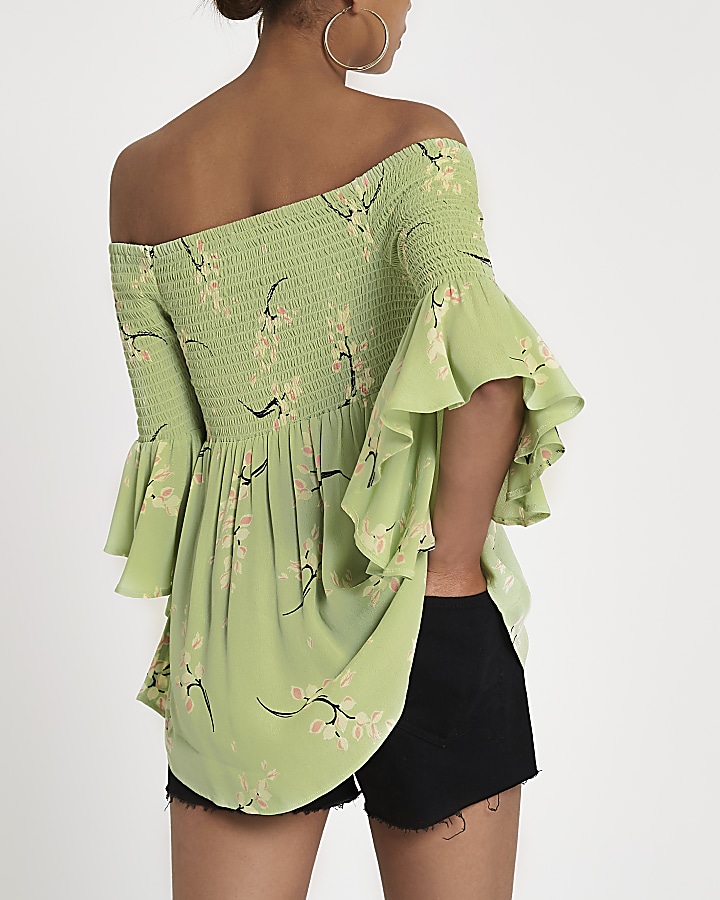 Light green floral bardot frill sleeve top