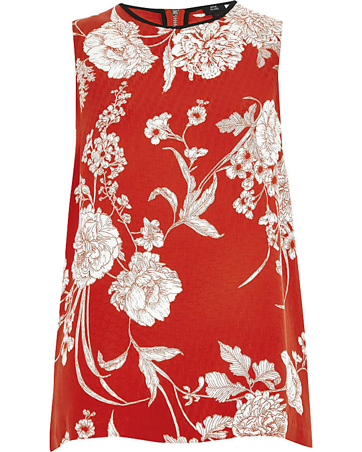 Red floral jacquard sleeveless top