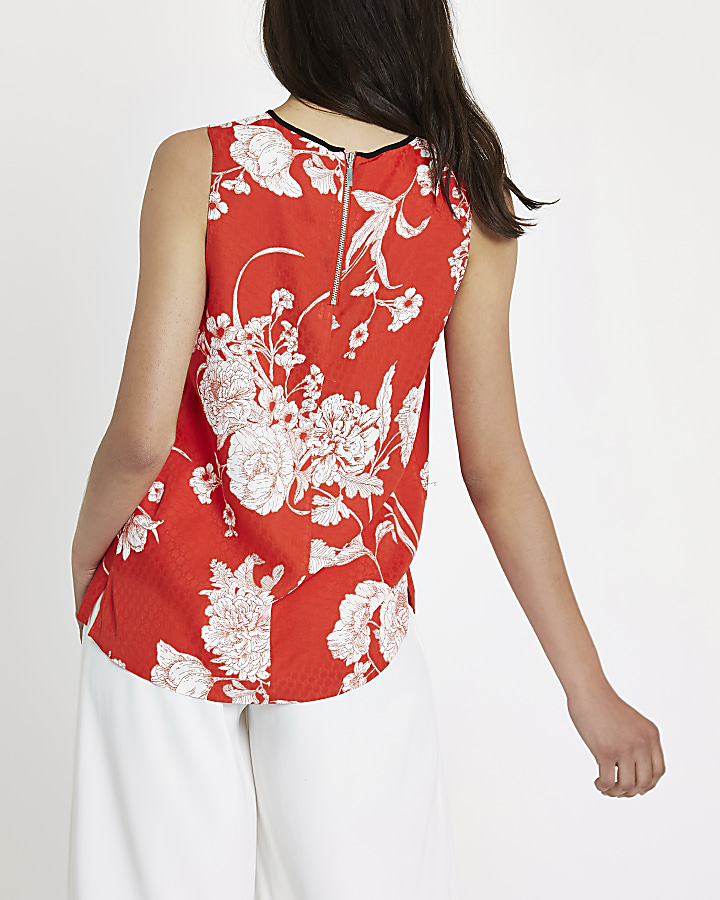 Red floral jacquard sleeveless top