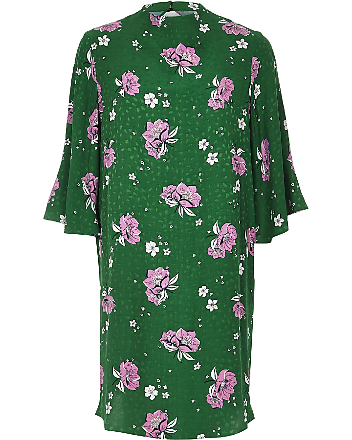 Green floral high neck swing dress