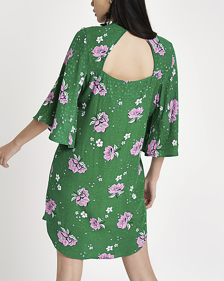 Green floral high neck swing dress