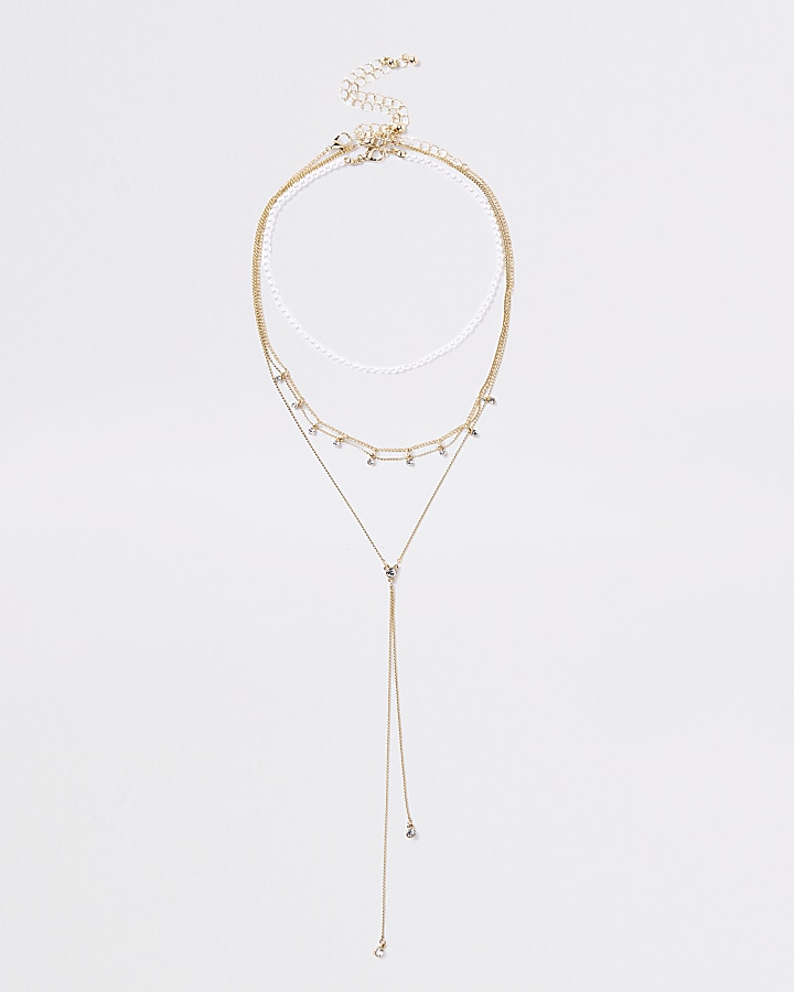 Gold tone pearl and diamante necklace pack