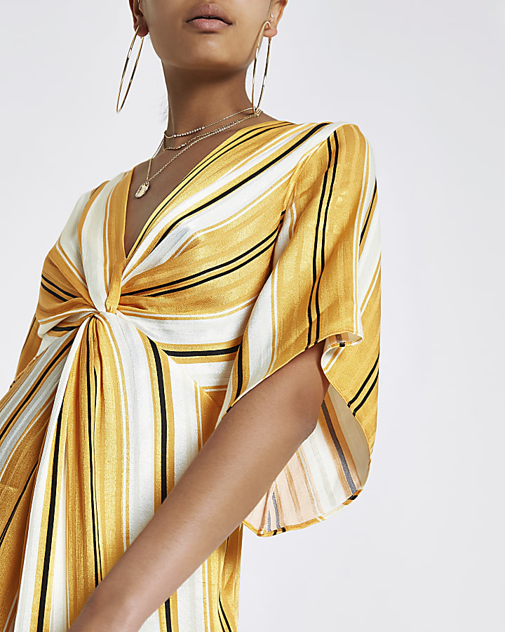Yellow stripe twist front maxi dress