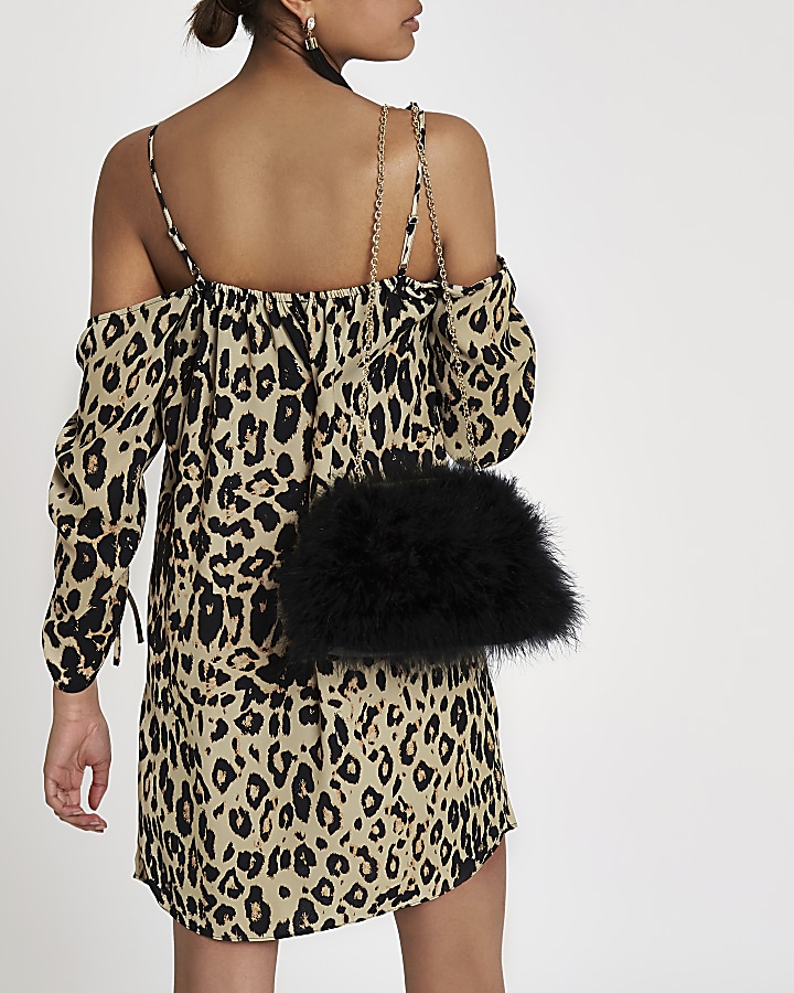 Brown leopard print bardot swing dress