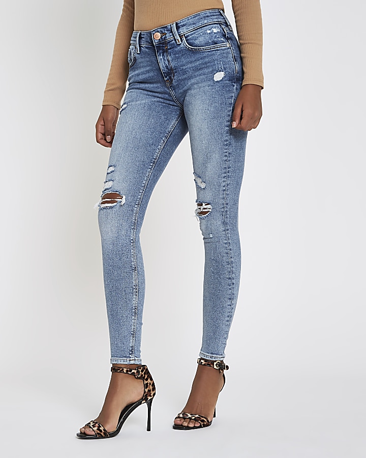 Mid blue Amelie ripped super skinny jeans