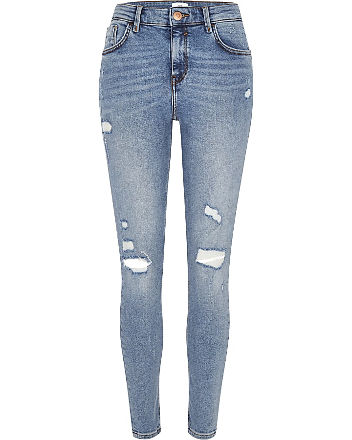 Mid blue Amelie ripped super skinny jeans