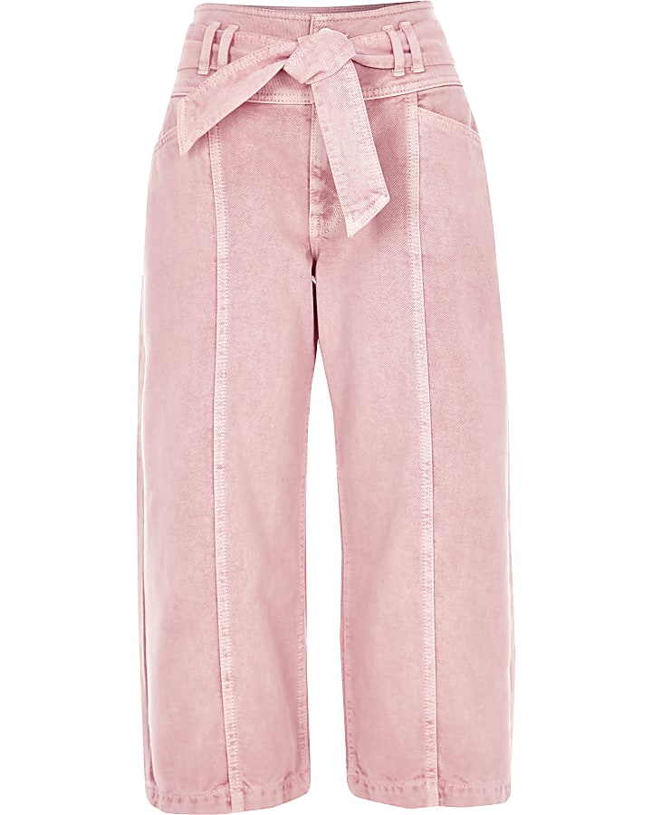 Petite pink belted denim culottes