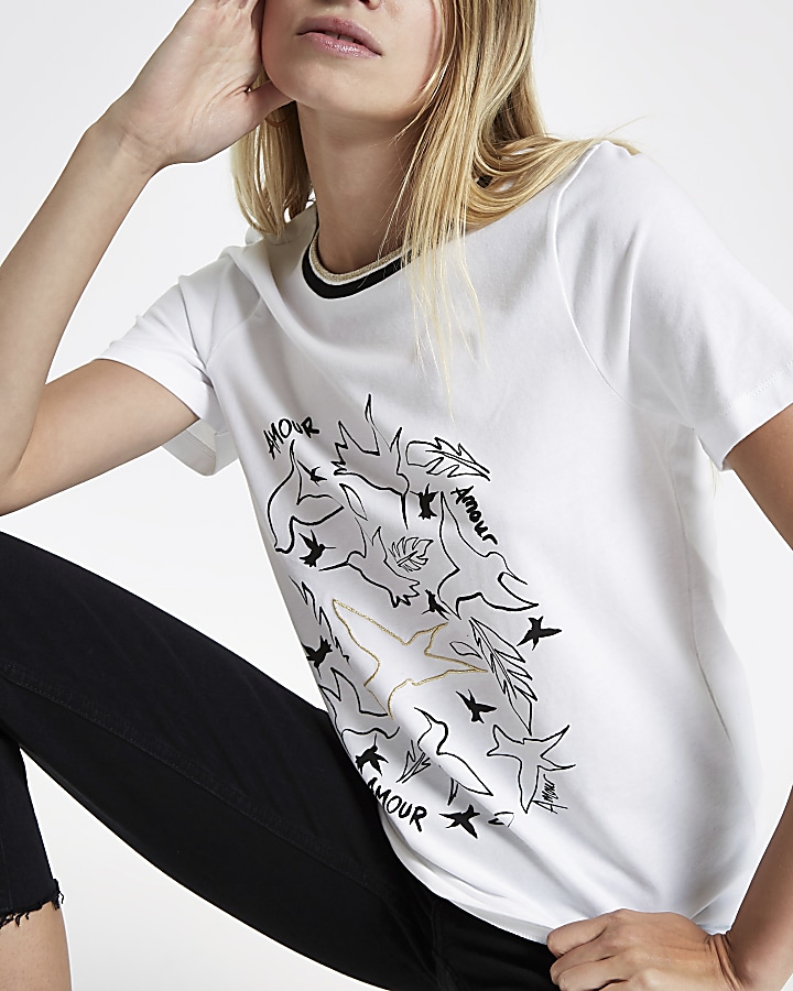 White bird 'amour' print short sleeve T-shirt