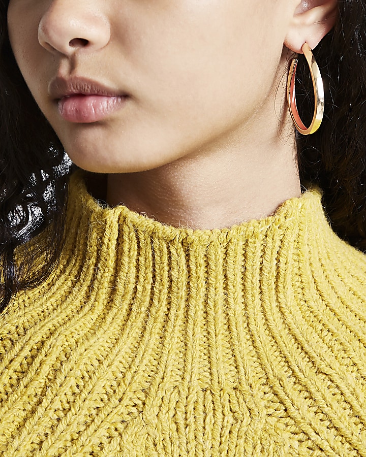 Gold tone orange enamel inlay hoop earrings