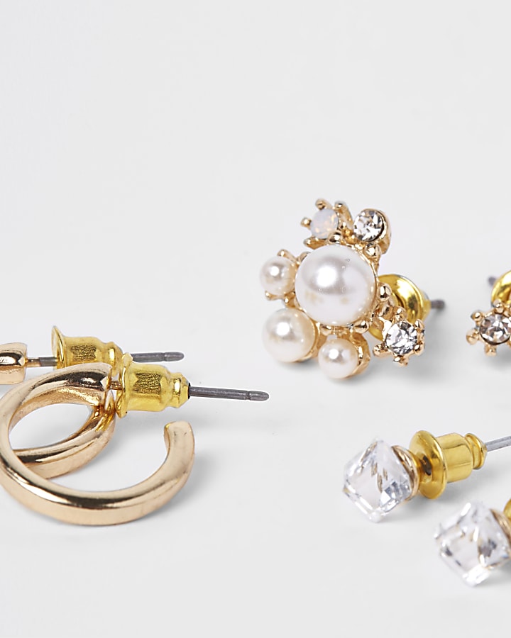 Gold tone pearl embellished earrings pack