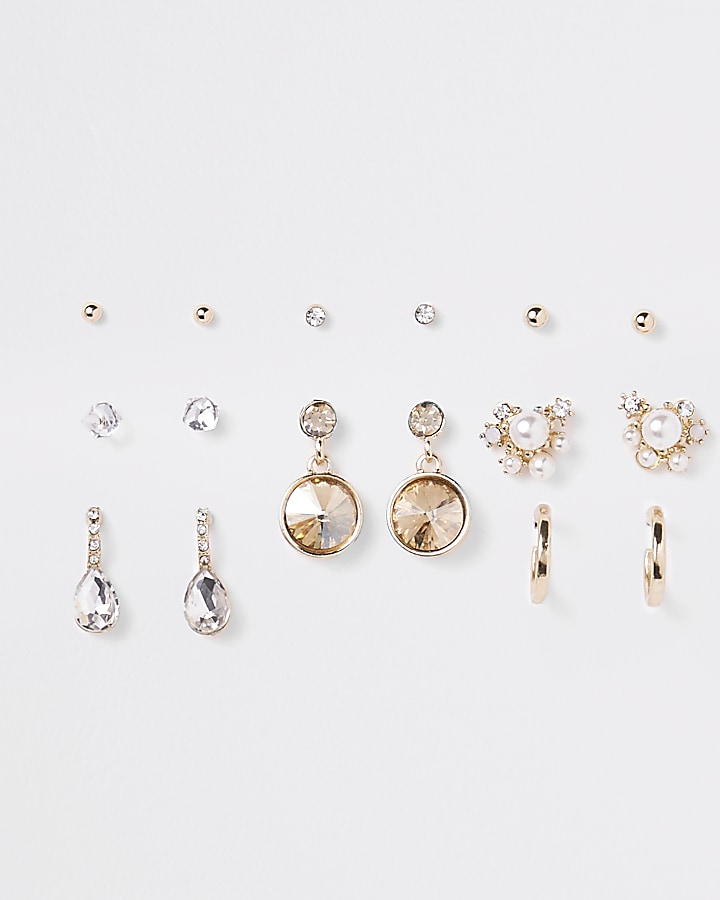 Gold tone pearl embellished earrings pack