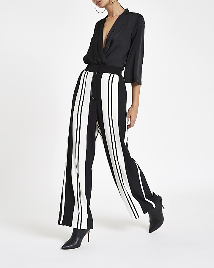 Black contrast stripe wide leg trousers