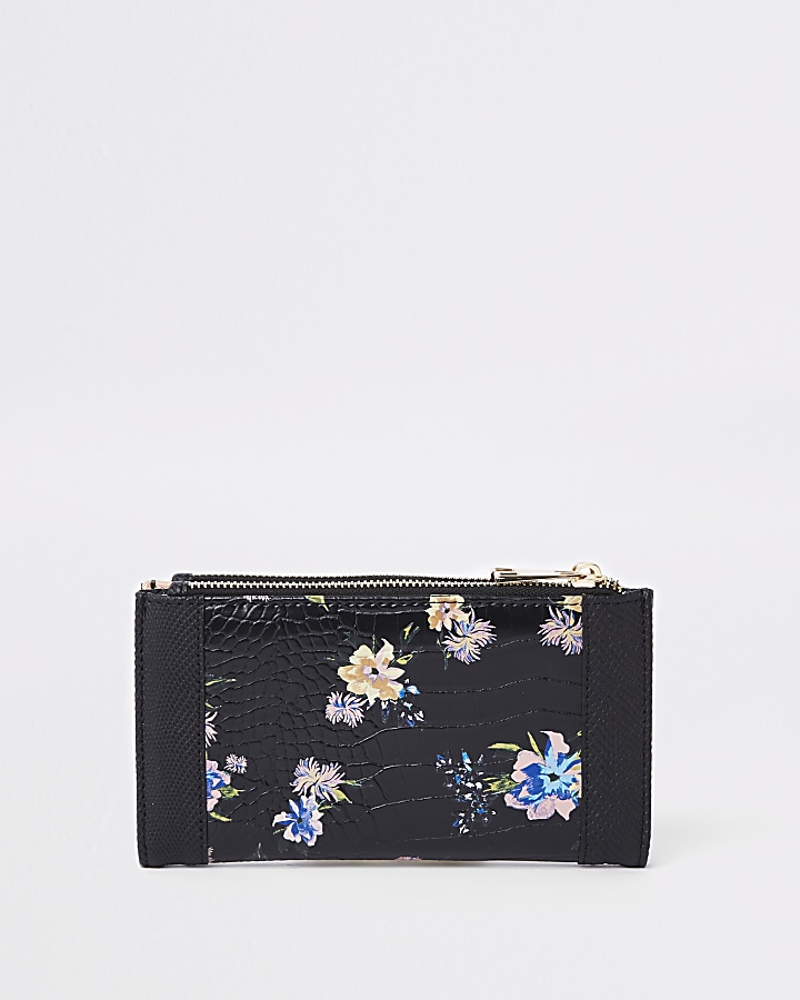 Black floral tab side foldout purse