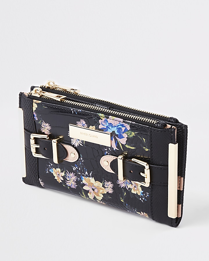 Black floral tab side foldout purse