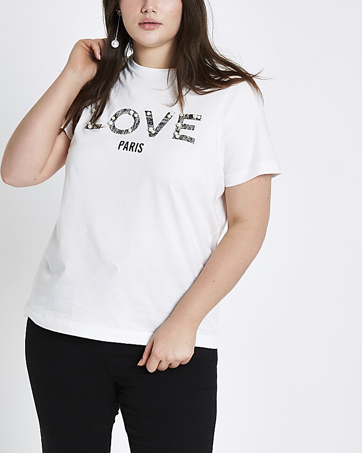 Plus white ‘love’ pearl embellished T-shirt