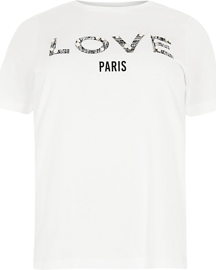 Plus white ‘love’ pearl embellished T-shirt