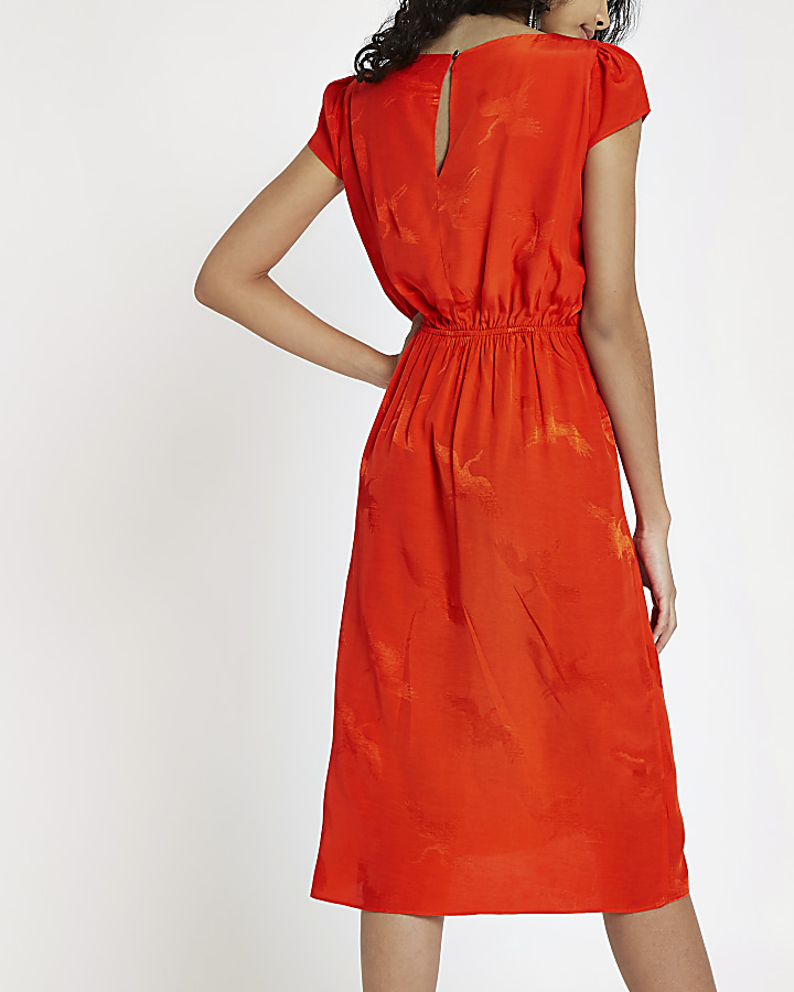 Red button tie front midi dress