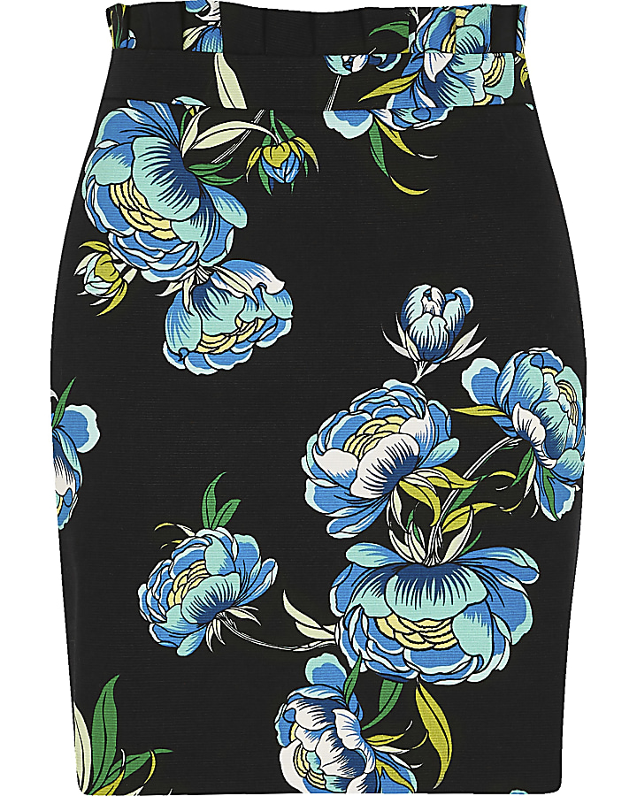 Black floral print paperbag mini skirt