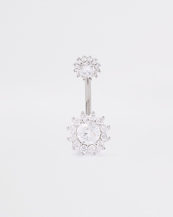 White colour silver cubic zirconia belly bar