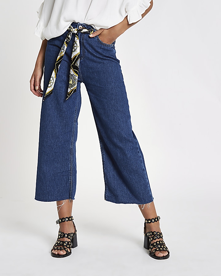 Blue Alexa belted cropped wide leg jeans