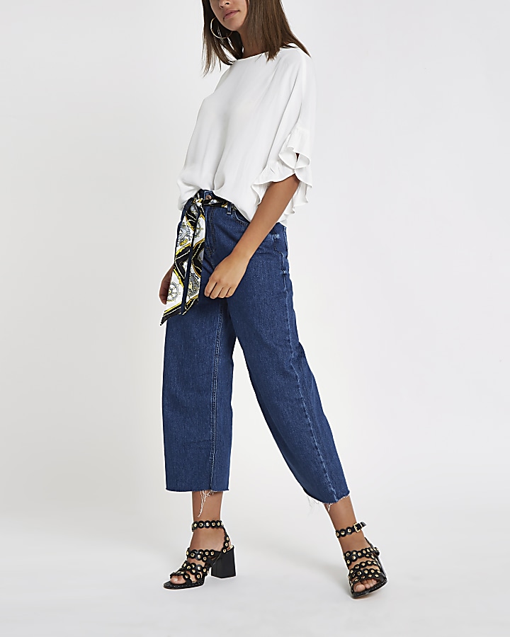 Blue Alexa belted cropped wide leg jeans
