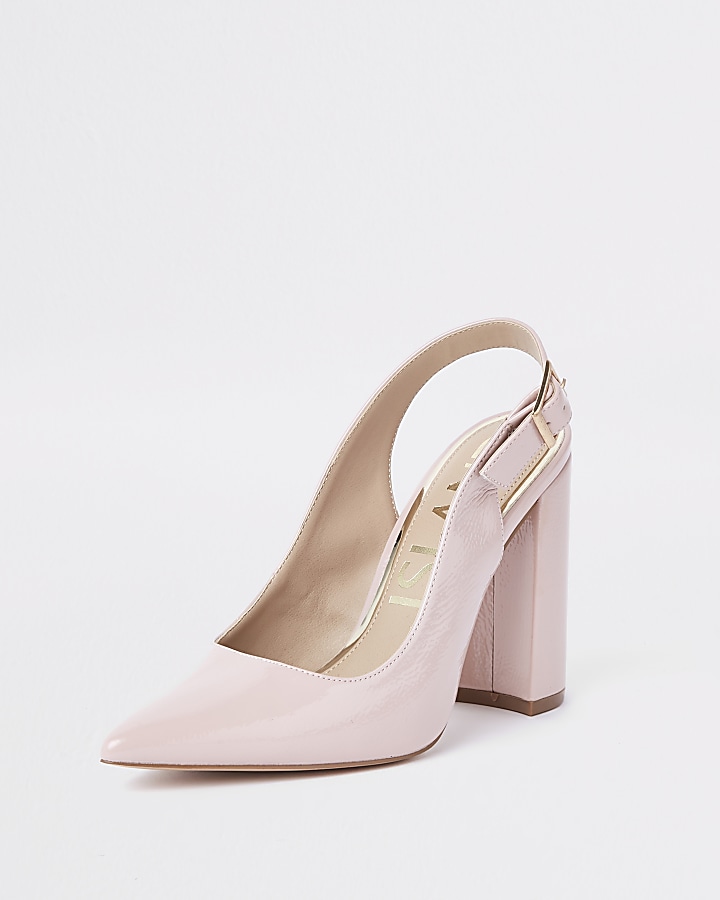 Pink block heel sling back court shoes