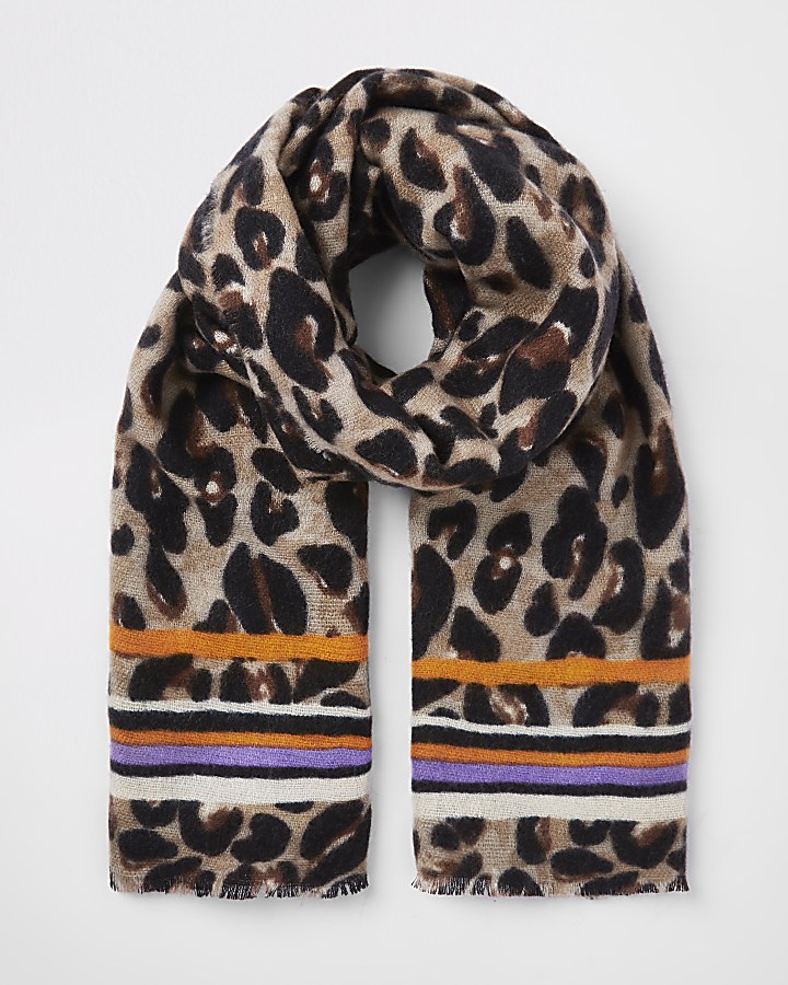 Brown leopard and stripe print scarf