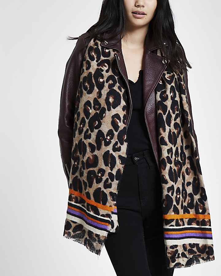 Brown leopard and stripe print scarf