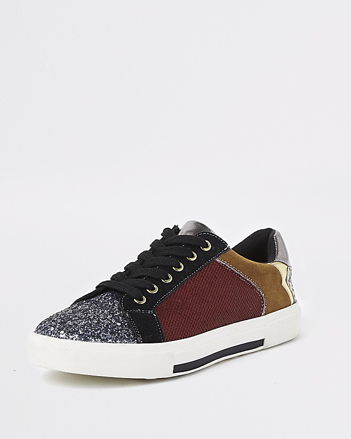 Dark red glitter lace-up trainers