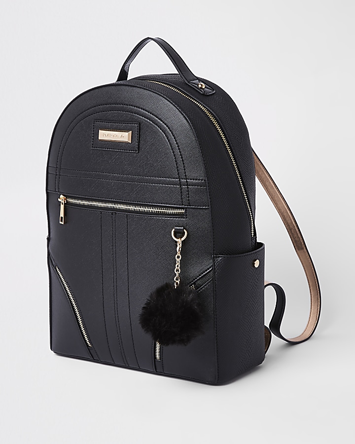 Black pom pom zip front backpack
