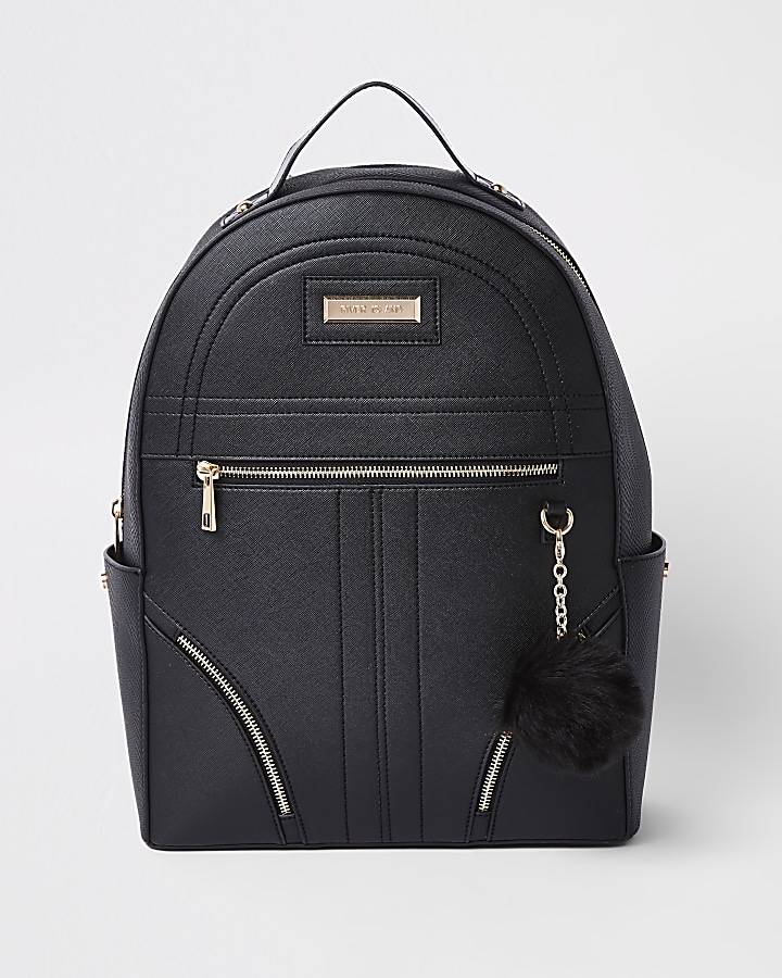 Black pom pom zip front backpack
