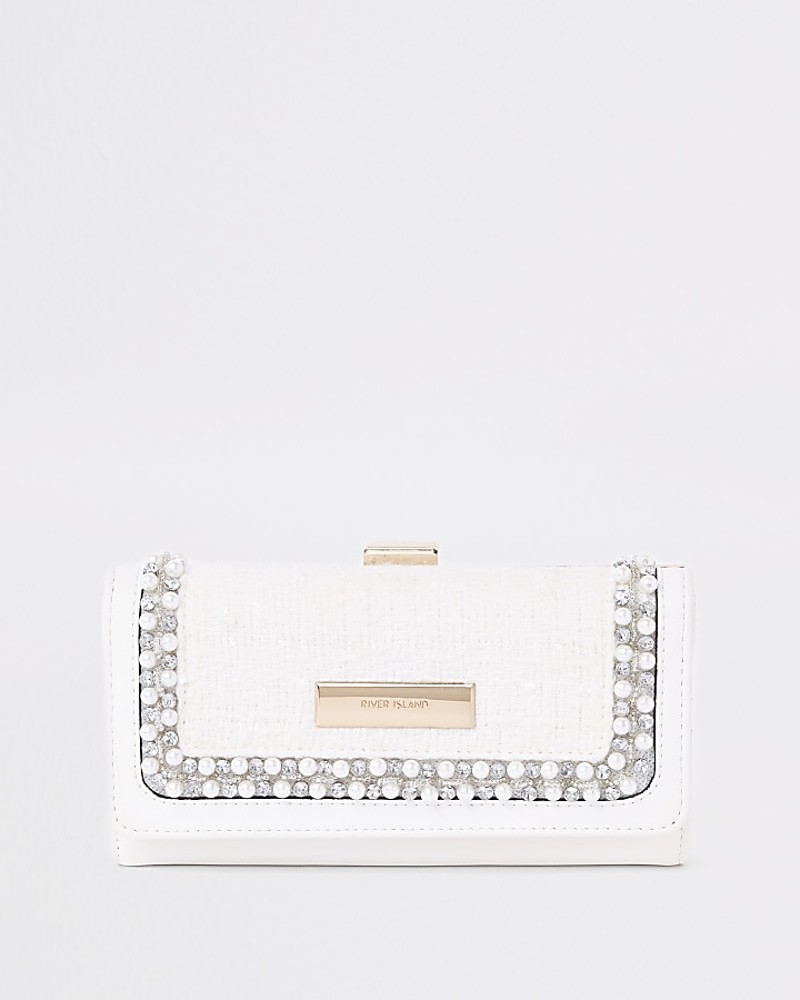 White jewel embellished clip top purse