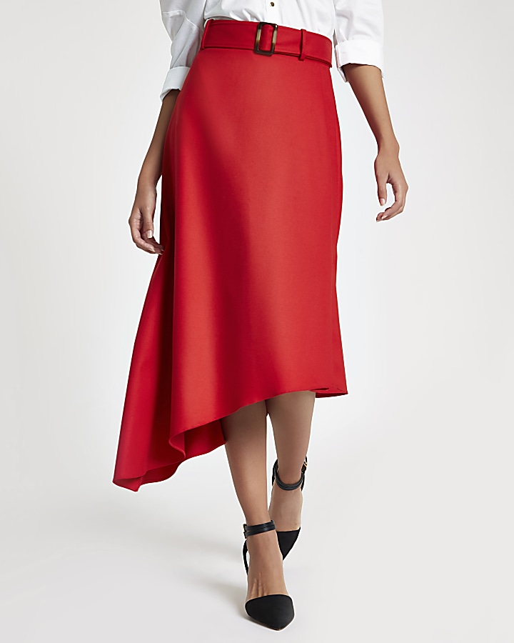 Red asymmetric midi belted skirt