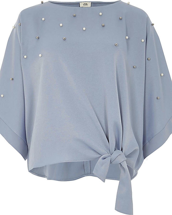 Blue pearl embellished kimono sleeve top
