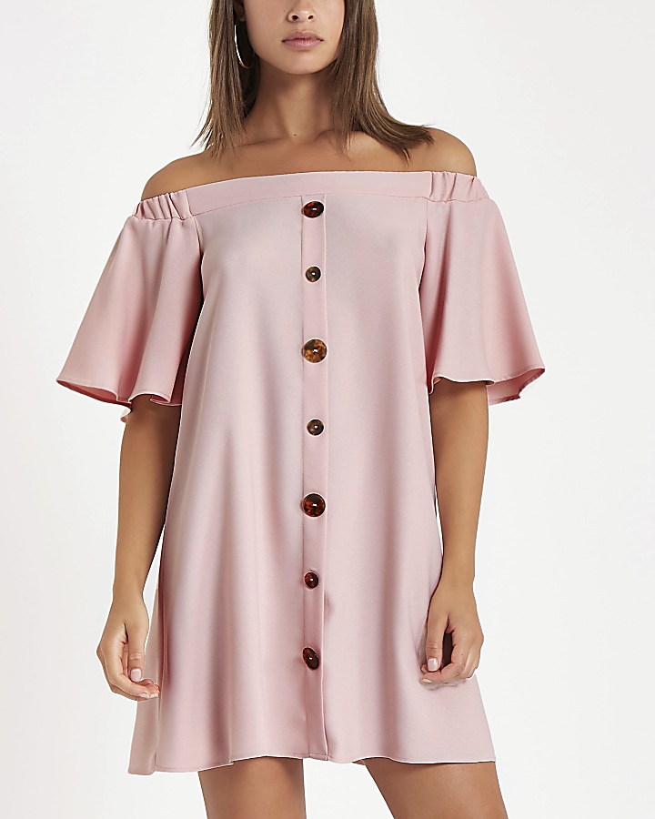 Pink button front bardot swing dress