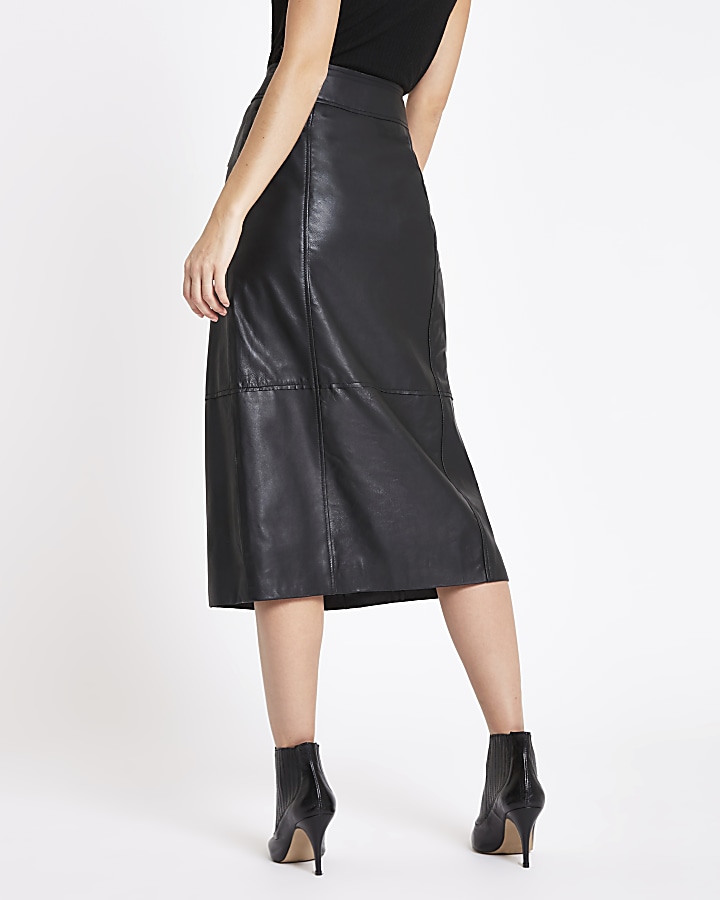 RI Studio black leather zip front midi skirt