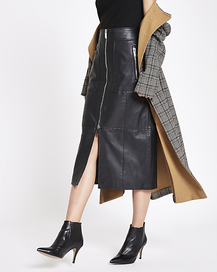 RI Studio black leather zip front midi skirt