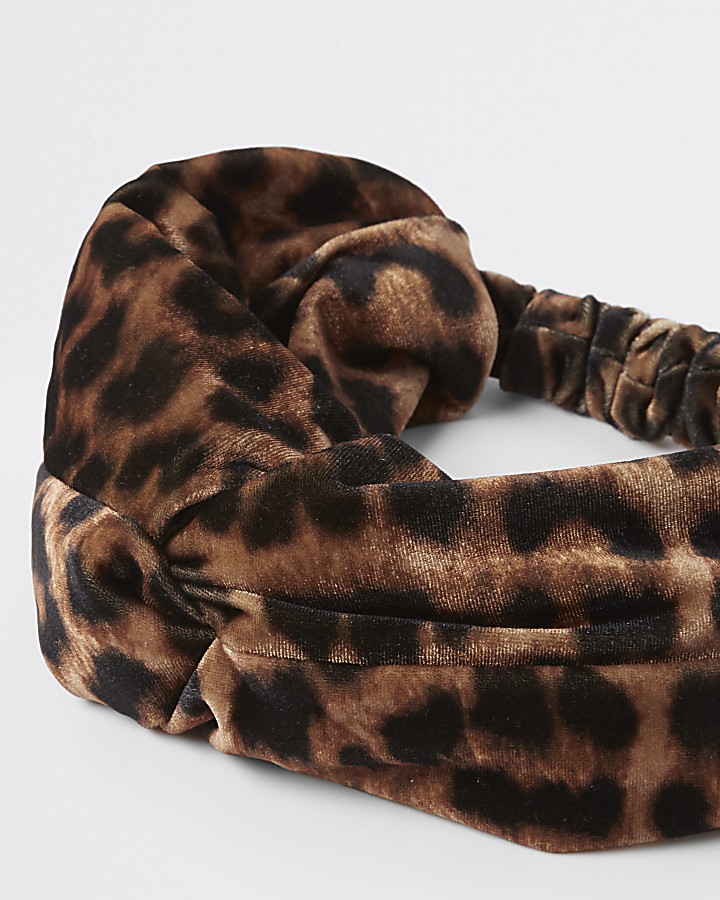 Brown leopard print wide twist headband
