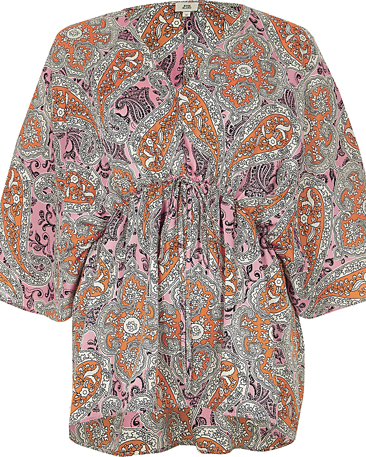 Pink paisley print kimono sleeve top