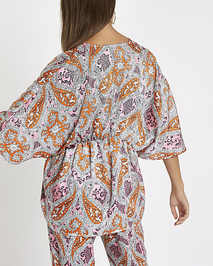 Pink paisley print kimono sleeve top