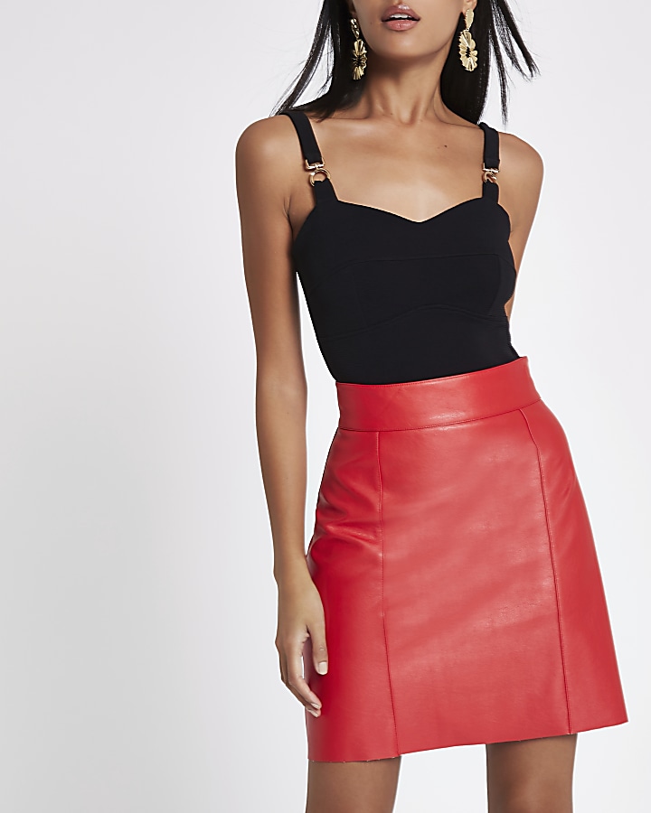 Red faux leather mini skirt