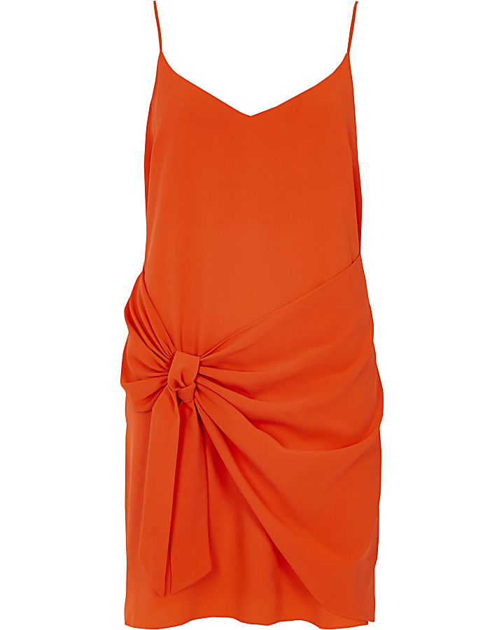 Orange tie front cami slip dress